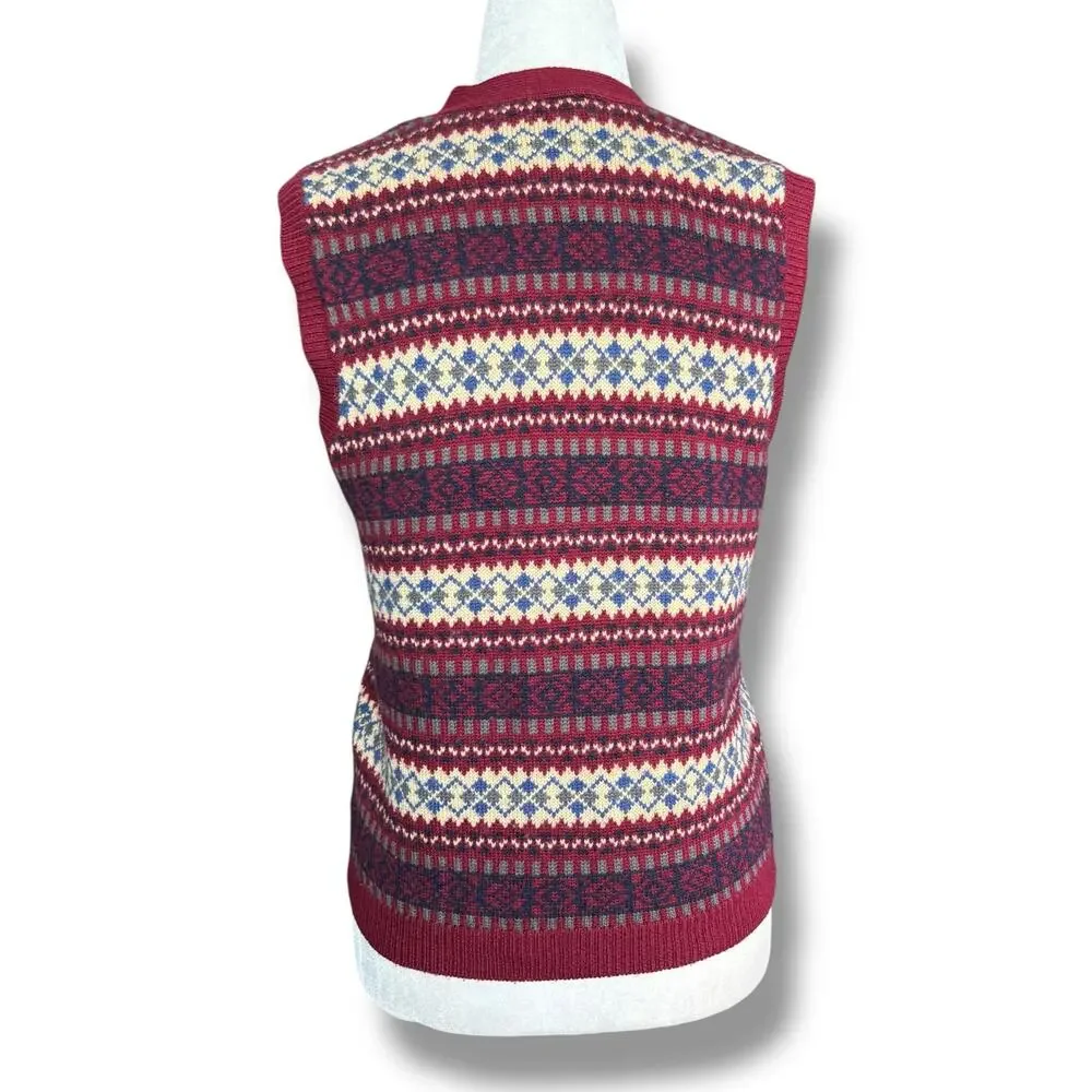 Vintage Talbots Fair Isle Wool Sweater Vest Burgundy Button Front Petite Preppy‎